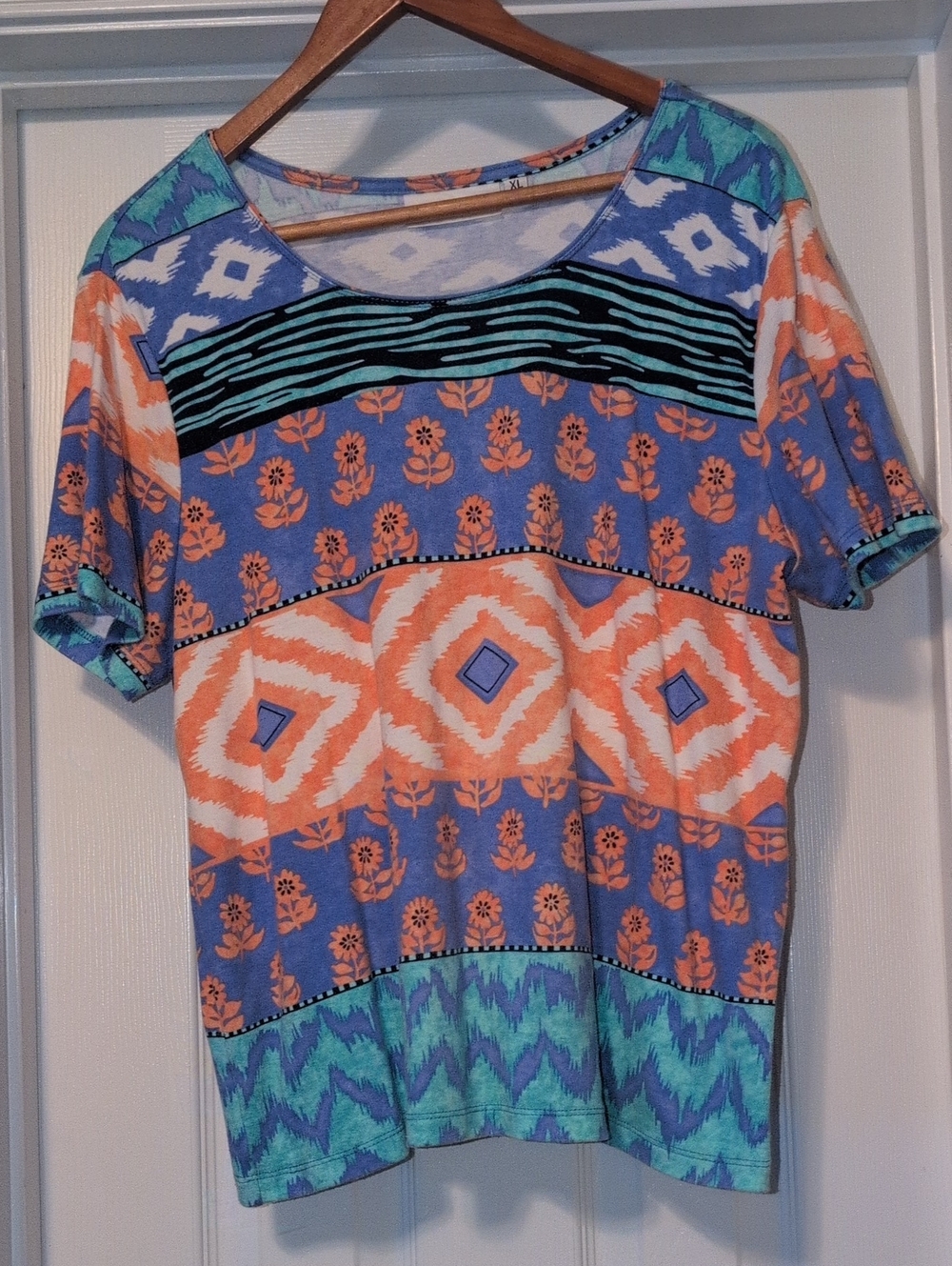 Rebecca Malone Short Sleeve Mixed-Pattern Tee in Blue, Coral & Teal